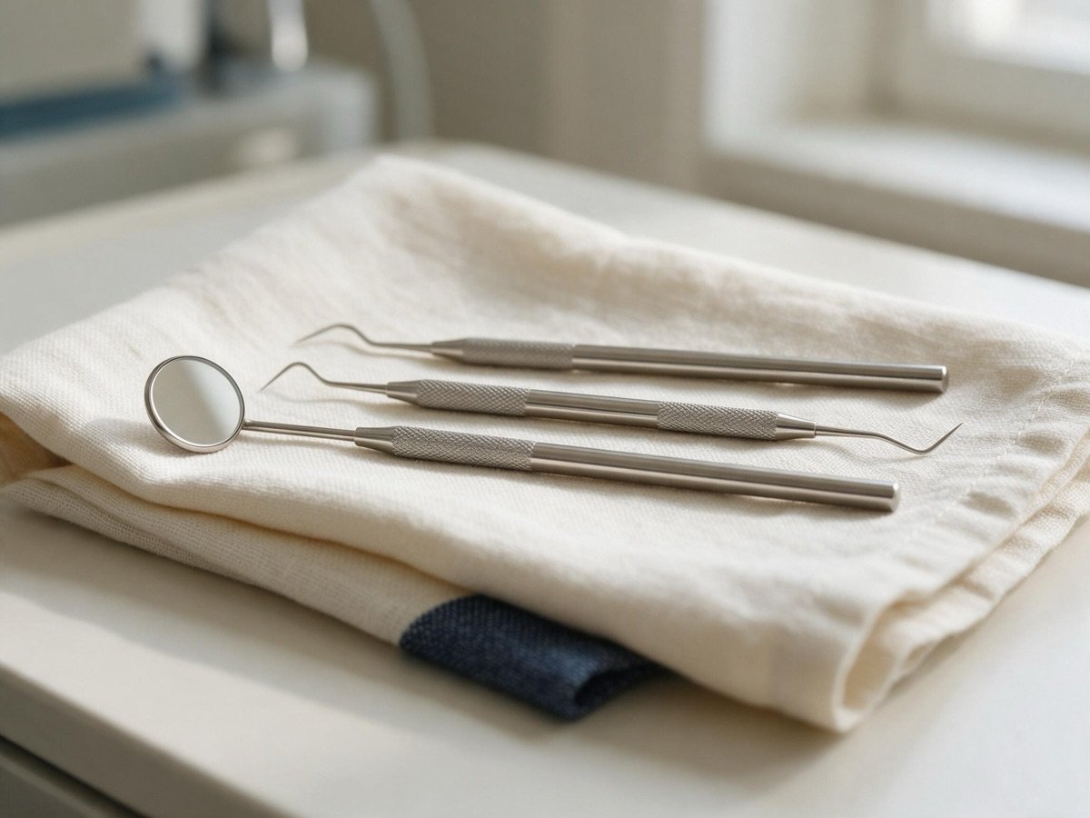 Instrumental dental ordenado sobre una tela clara