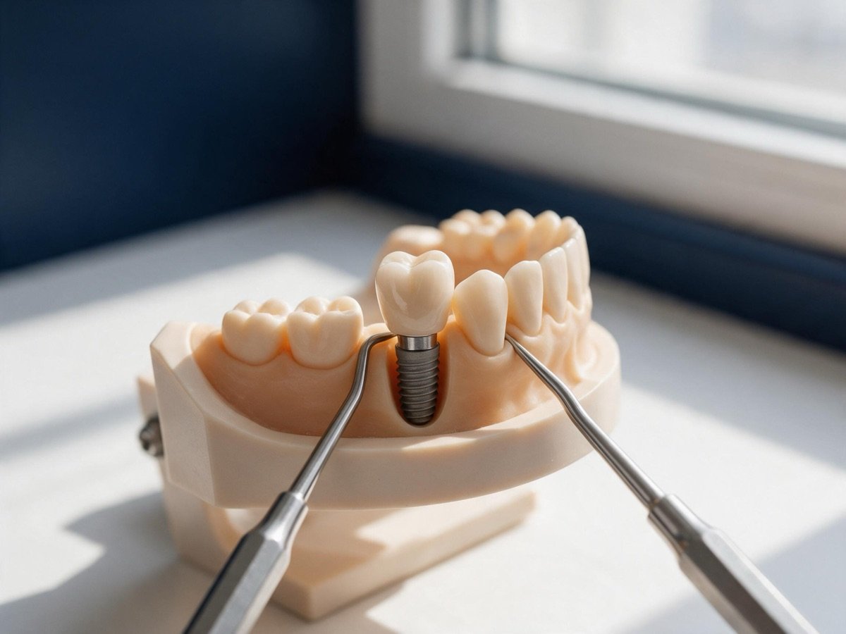 Modelo de mandíbula con un implante dental y una corona
